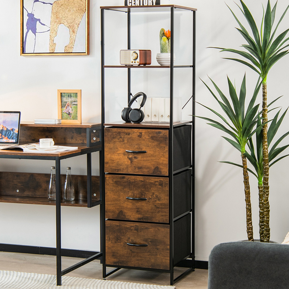 Costway 3 Drawer 2 Shelf Rustic Brown Storage Unit Image 1