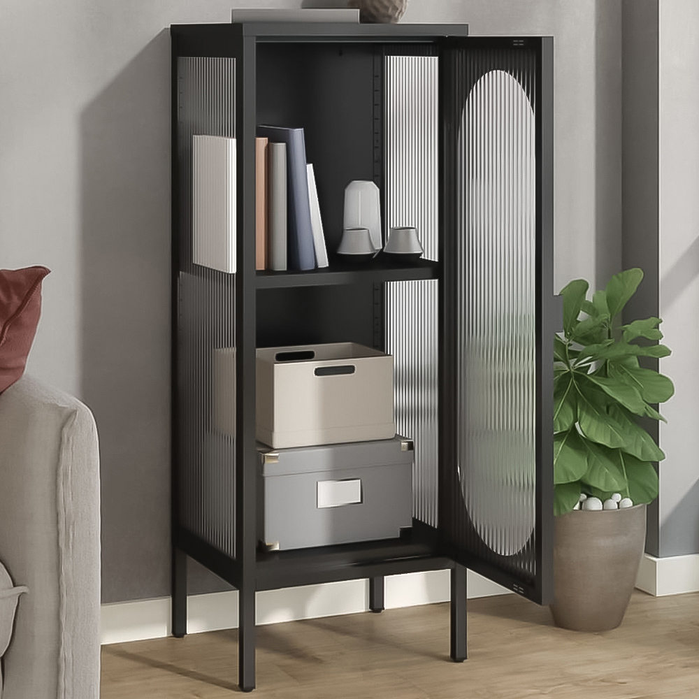 vidaXL Single Glass Door Black Steel Fluted Sideboard Image 1