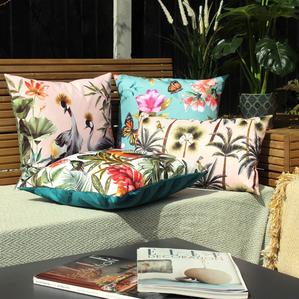 Evans Lichfield Palms Blush Rectangular Outdoor Reversible Cushion Image 4