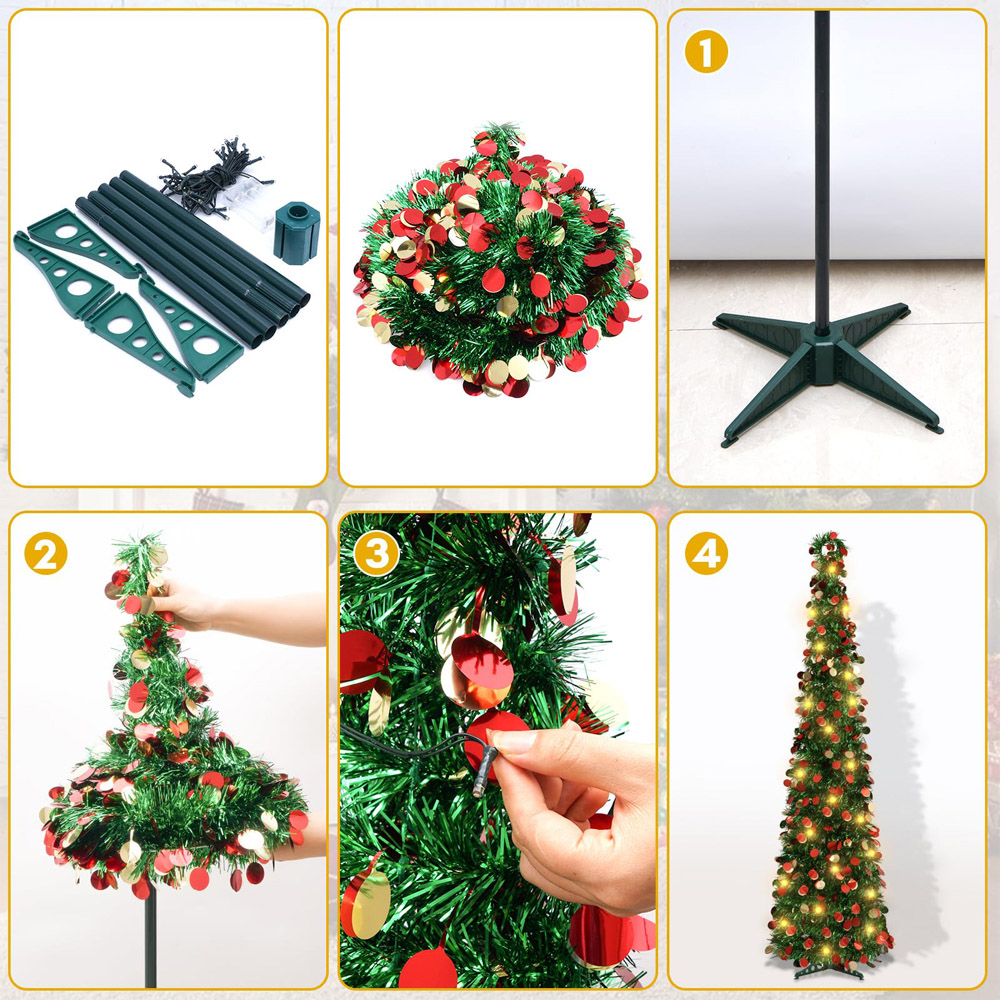 AMOS Warm White LED Red and Gold Circular Pieces Artificial Green Tree 5ft Image 4