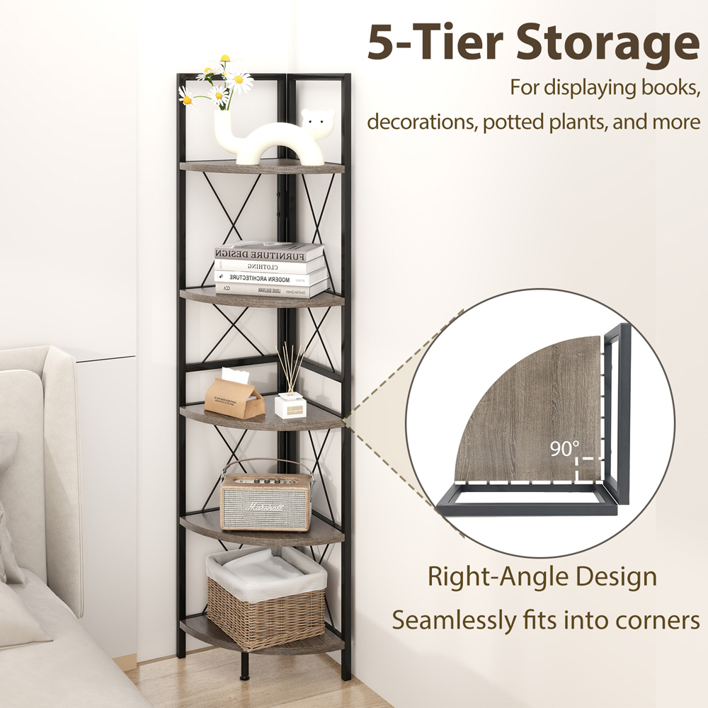 Costway 5 Tier Oak Metal Corner Bookshelf Image 7