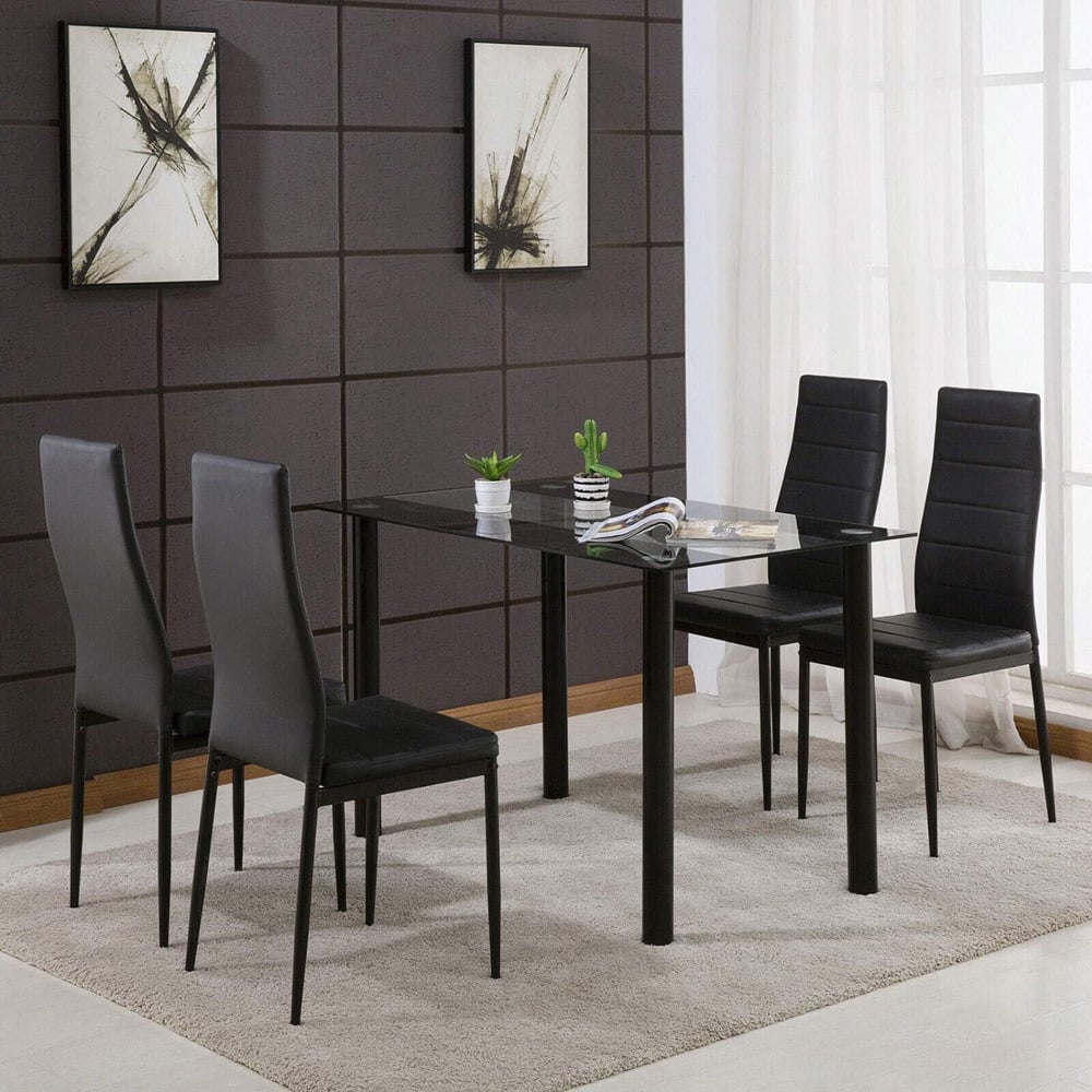Portland Glass 4 Seater Leather Dining Set Black Image 6