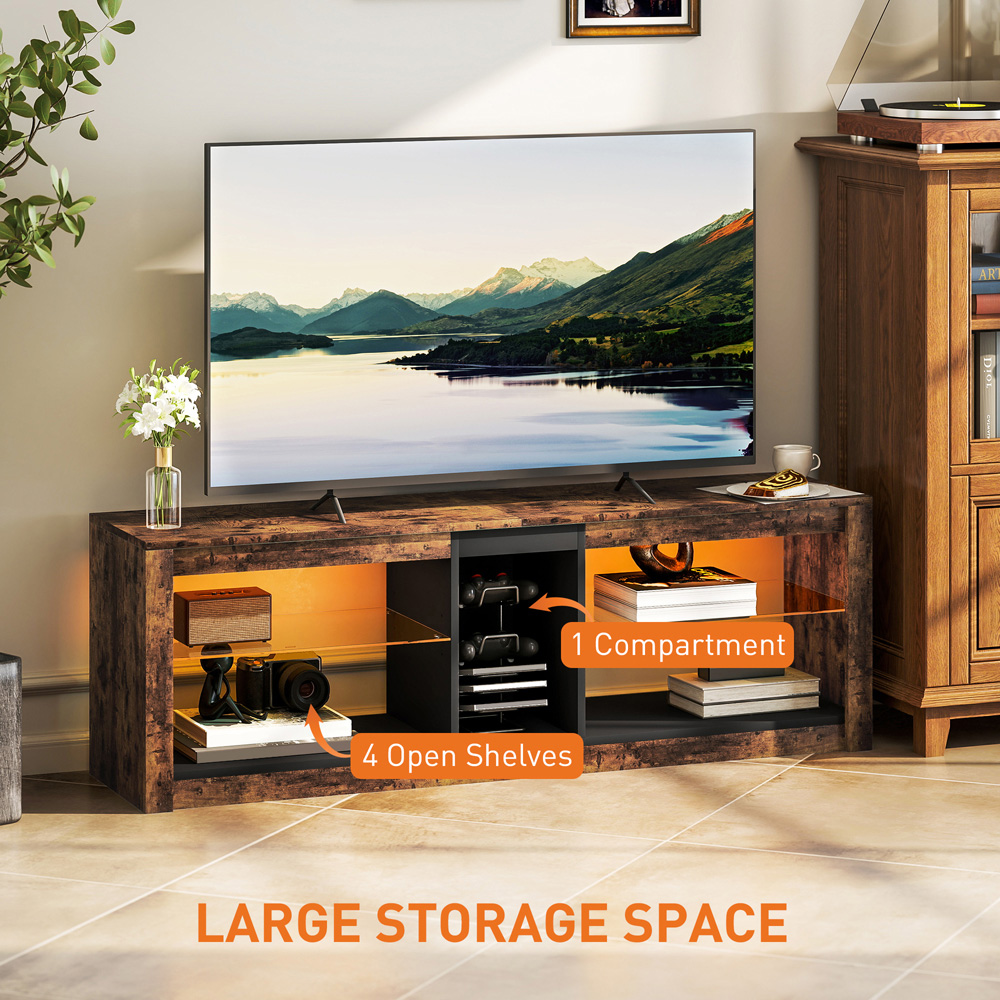 HOMCOM 4 Shelf Rustic Brown TV Stand with LED Lights Image 7