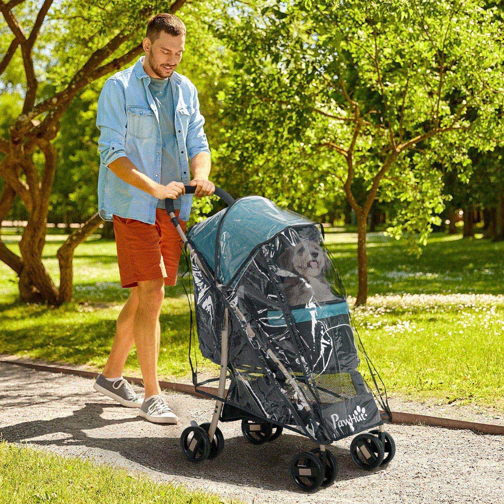 PawHut 4 Wheel Pet Stroller with Rain Cover Dark Green Image 2