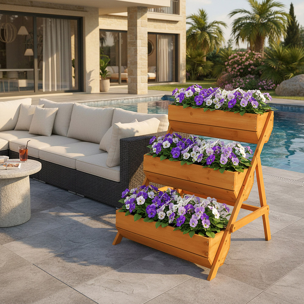 Living and Home 3-Tier Reddish Brown Wooden Planter Box with Drainage Holes Image 3