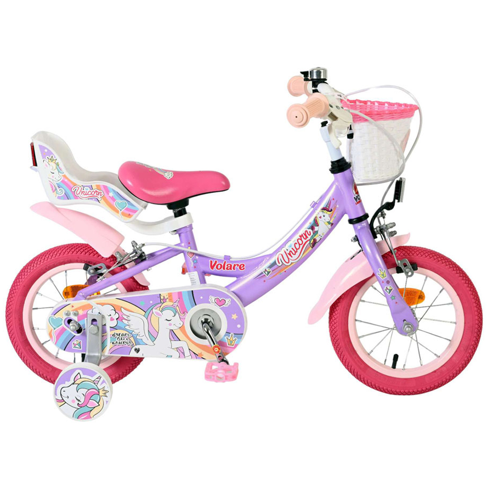 Volare Unicorn Kids 12 inch Purple and Pink Bike with Stabilisers Doll Seat and Basket Image 5