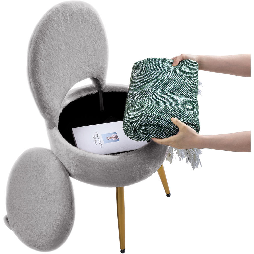 Living and Home Grey Faux Rabbit Fur Round Back Foldable Vanity Chair with Storage Image 3