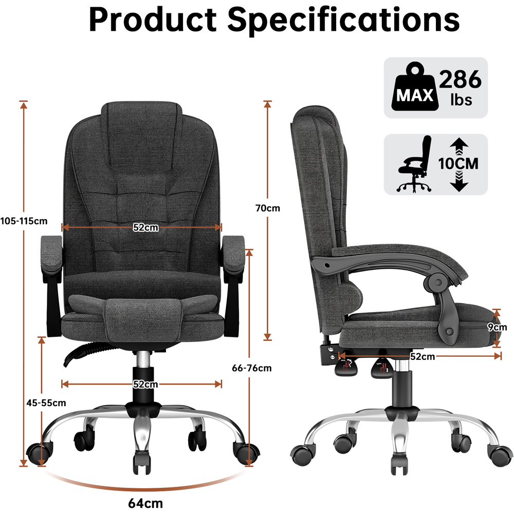 Rattrix Dark Grey Height Adjustable Swivel Office Chair with Large Padded Seat Image 7