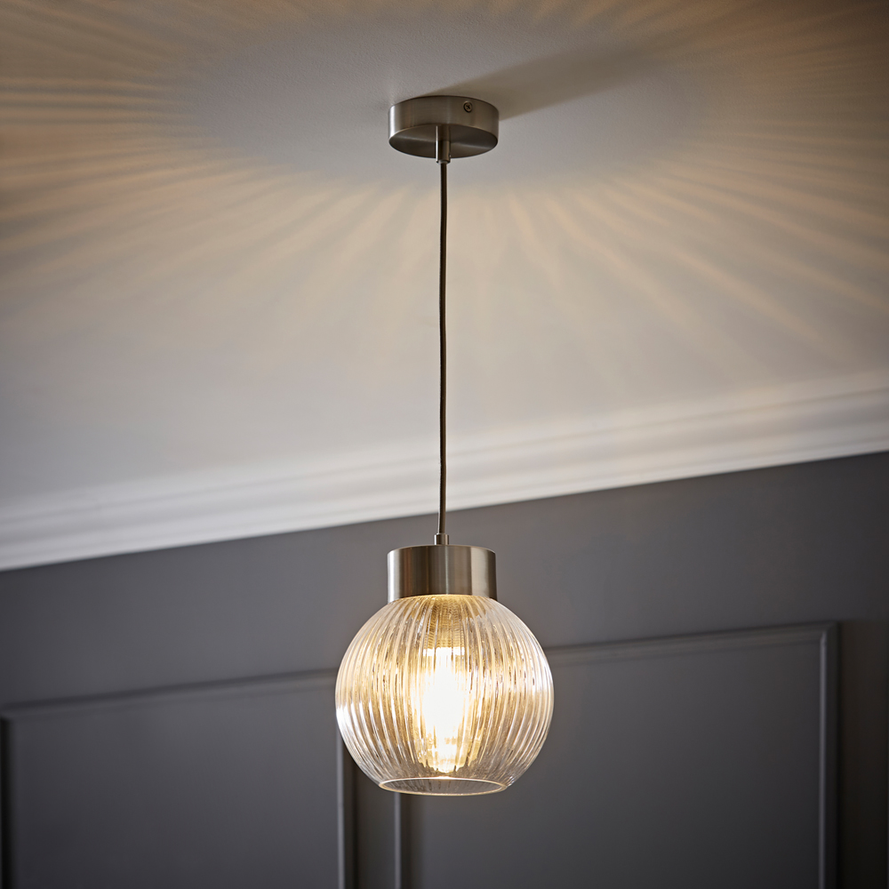 ValueLights Maddison Ribbed Glass Shade Brushed Chrome Capped LED Ceiling Pendant Light Image 2