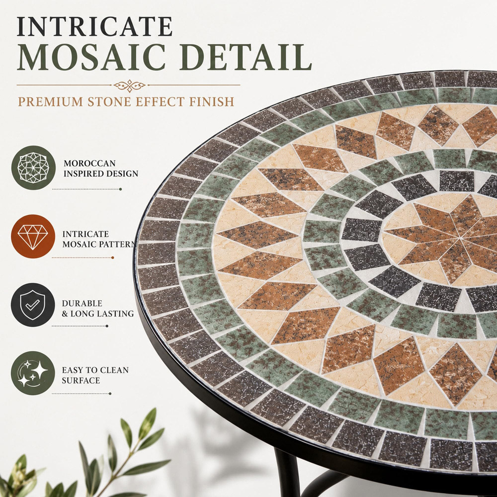 Shatchi Marrakech 2 Seater Mosaic Ceramic Tile Top Foldable Bistro Set Image 5