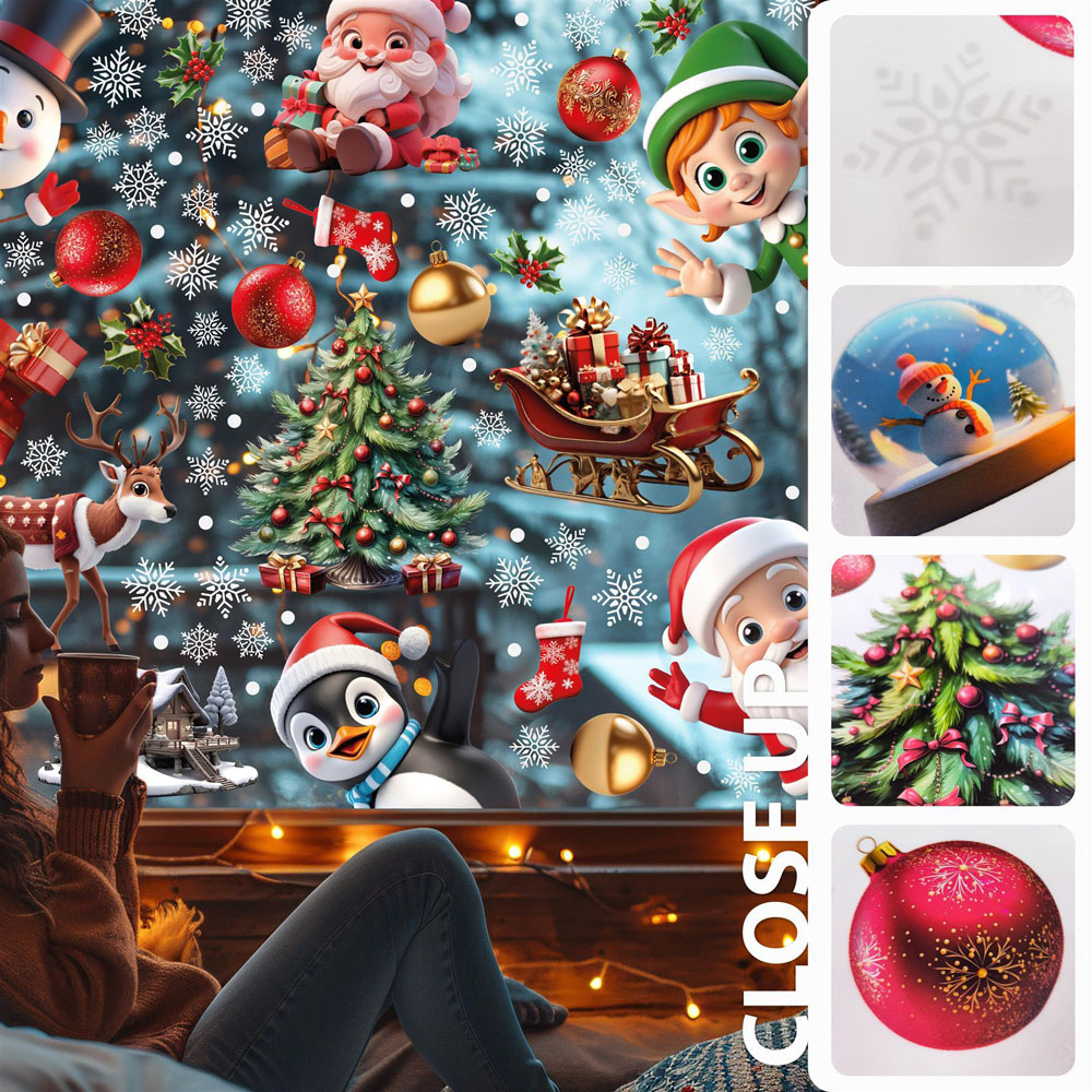 Walplus Peeking Santa and Friends with Snowflakes Double-Sided Christmas Window Stickers 149 Piece Image 2