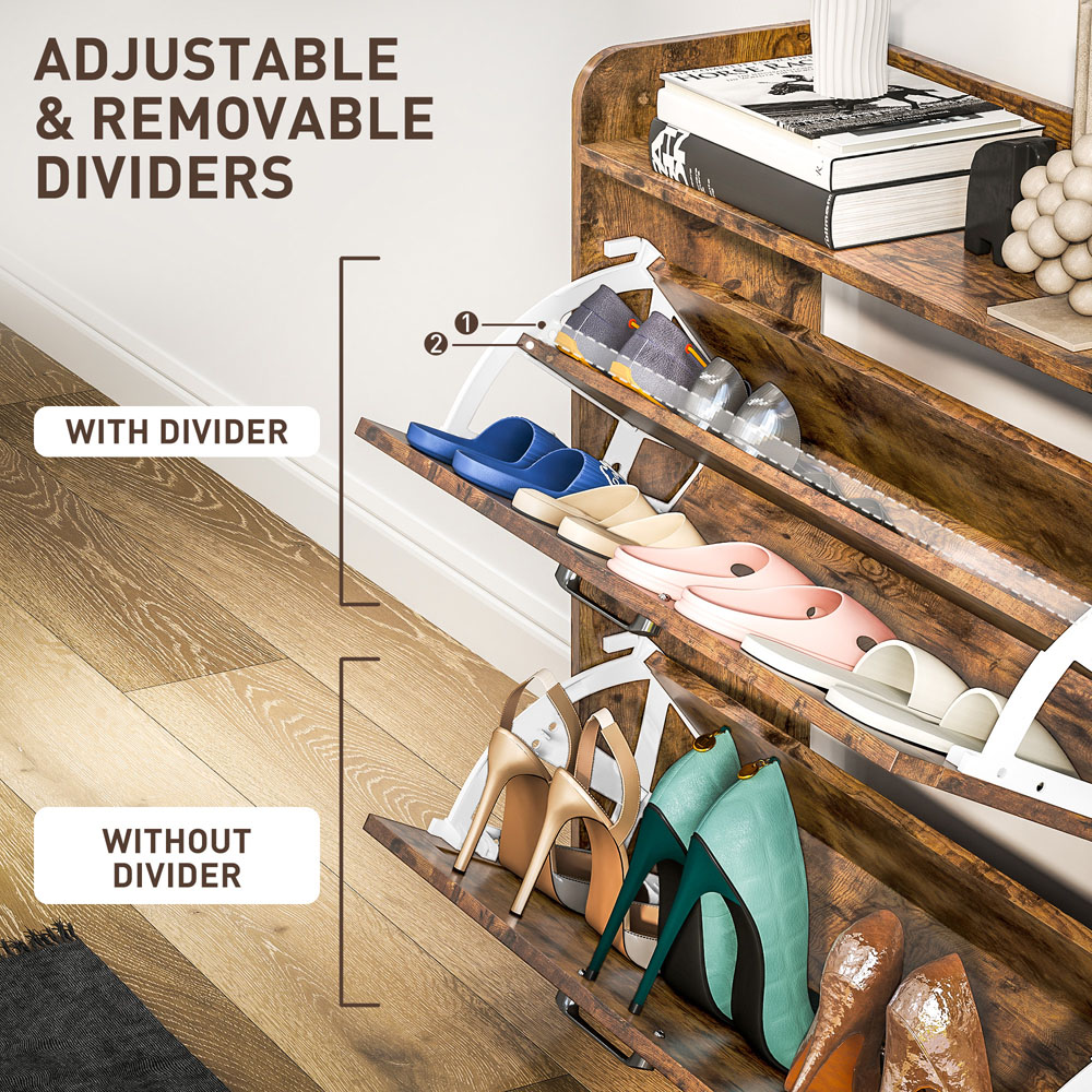 HOMCOM 2 Flip Down Drawer Single Shelf Rustic Brown Narrow Shoe Cabinet Image 6
