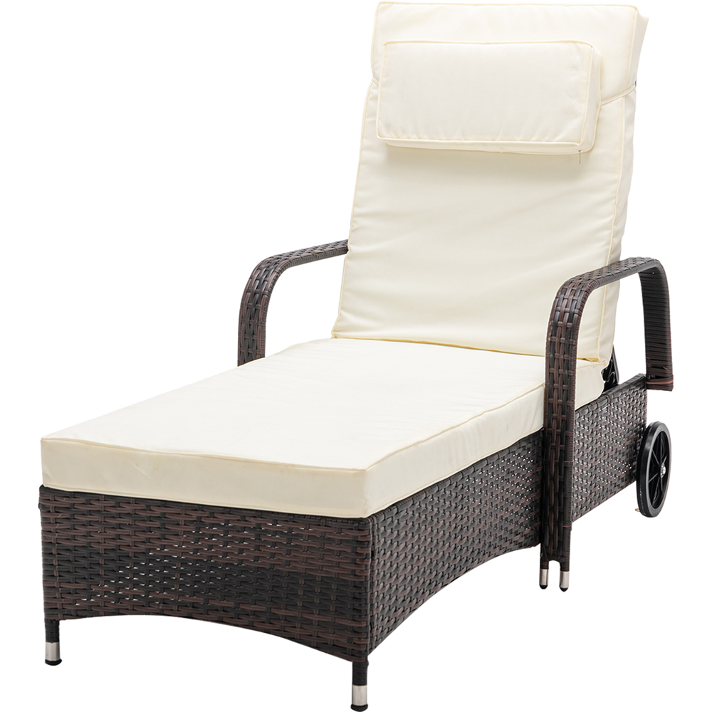 Brown Rattan Recliner Sun Lounger with Wheels Image 2