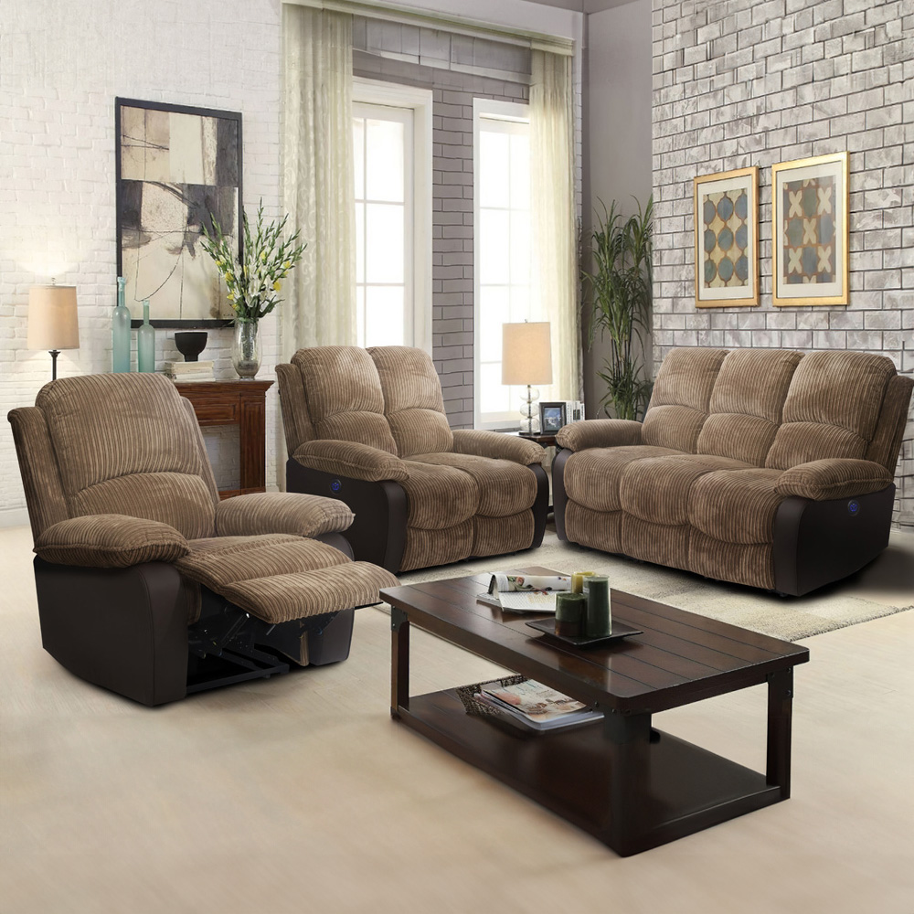 Comfy Living 6 Seater Brown Cord Fabric Electric Recliner Sofa Set Image 1