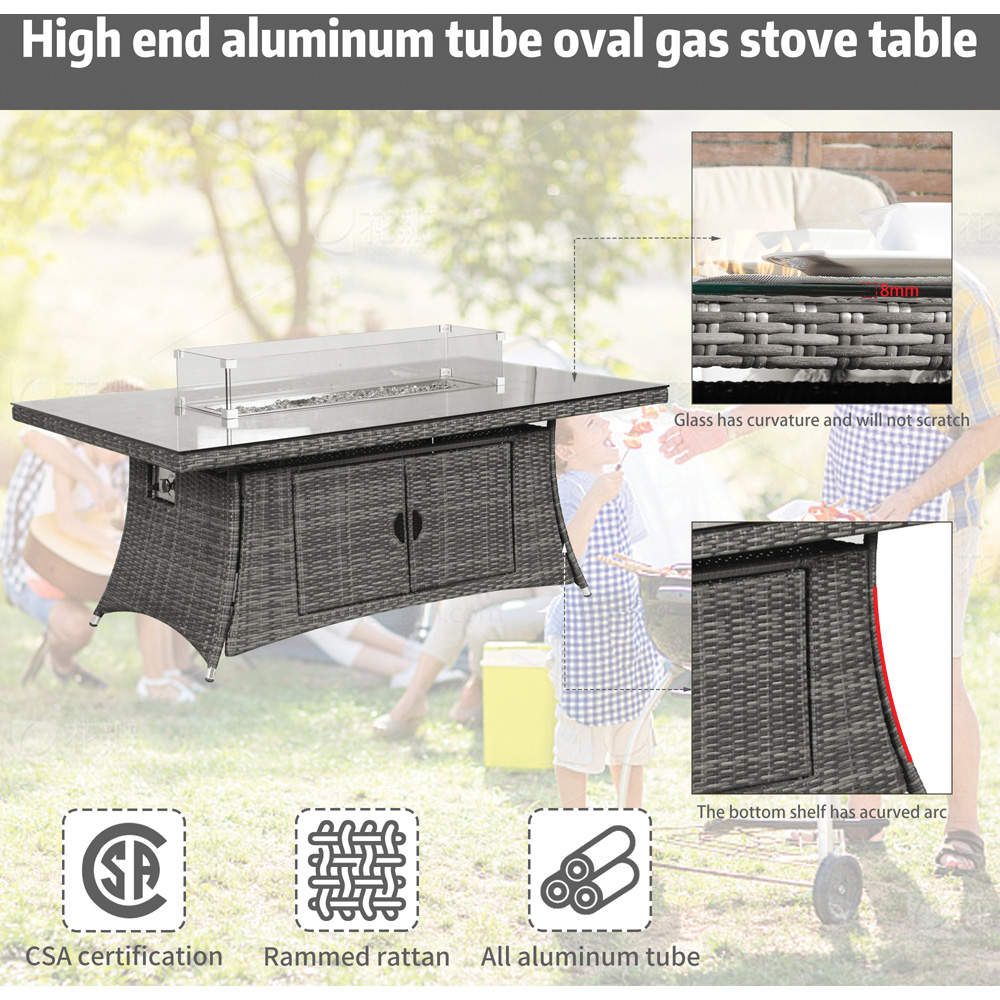 Direct Wicker 6 Seater Grey Rattan Rectangular Fire Pit Dining Table with Glass Top Image 4