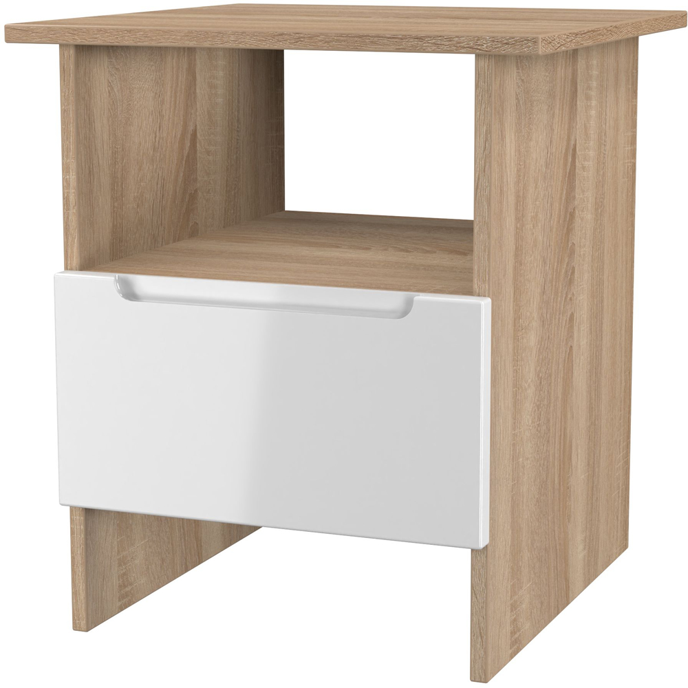 Crowndale Milan Single Drawer Single Shelf White Gloss and Bardolino Oak Lamp Table Ready Assembled Image 4