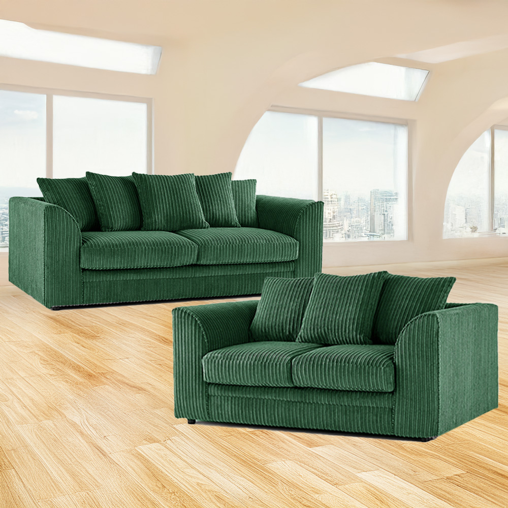 Luxor 5 Seater Green Jumbo Cord Scatter Back Sofa Set Image 1
