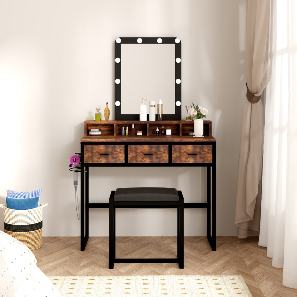 FurnitureHMD 3 Drawer 4 Shelf Rustic Industrial Style LED Light Makeup Vanity with Mirror Image 7