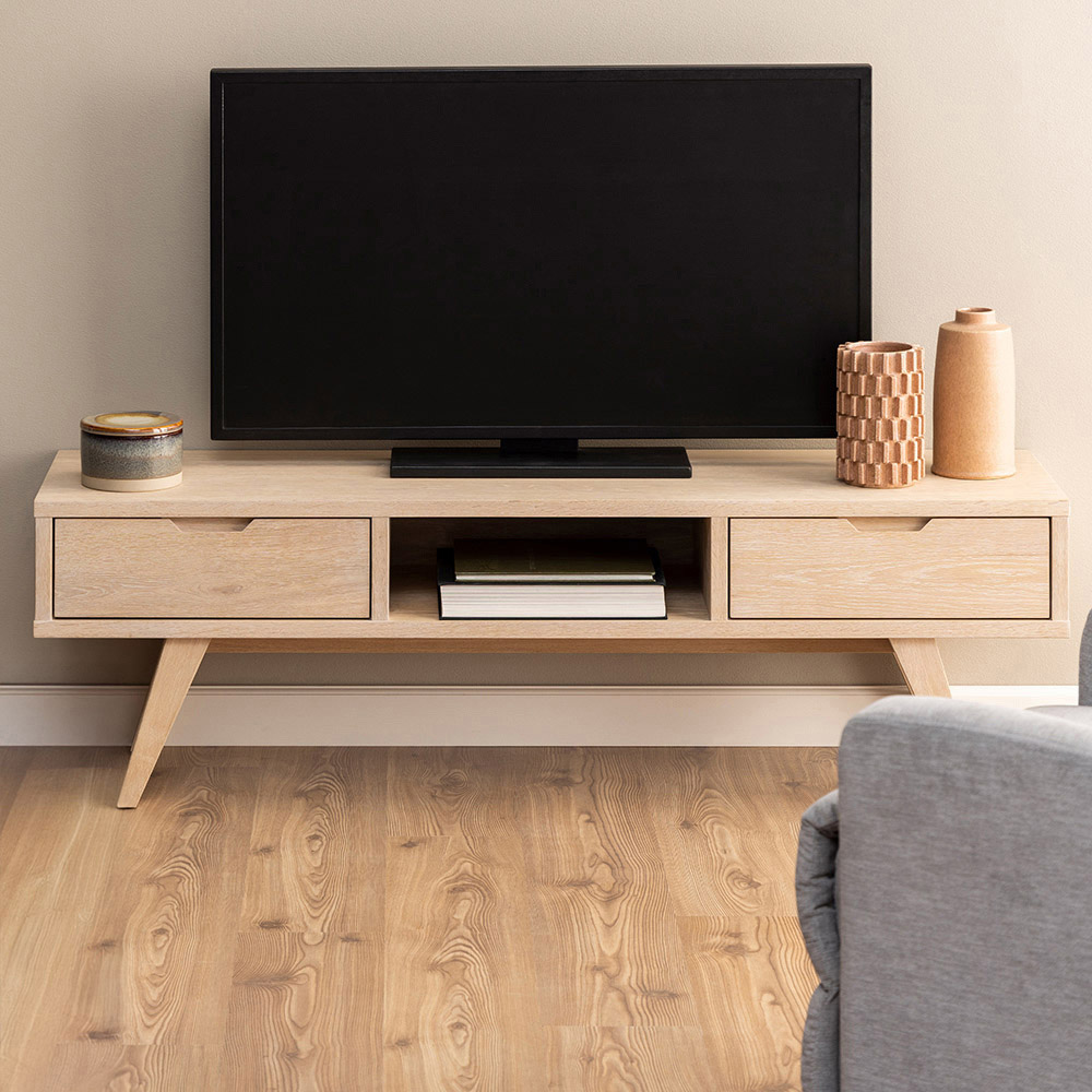 Florence A Line 2 Drawer Single Shelf White Oak TV Unit Image 1