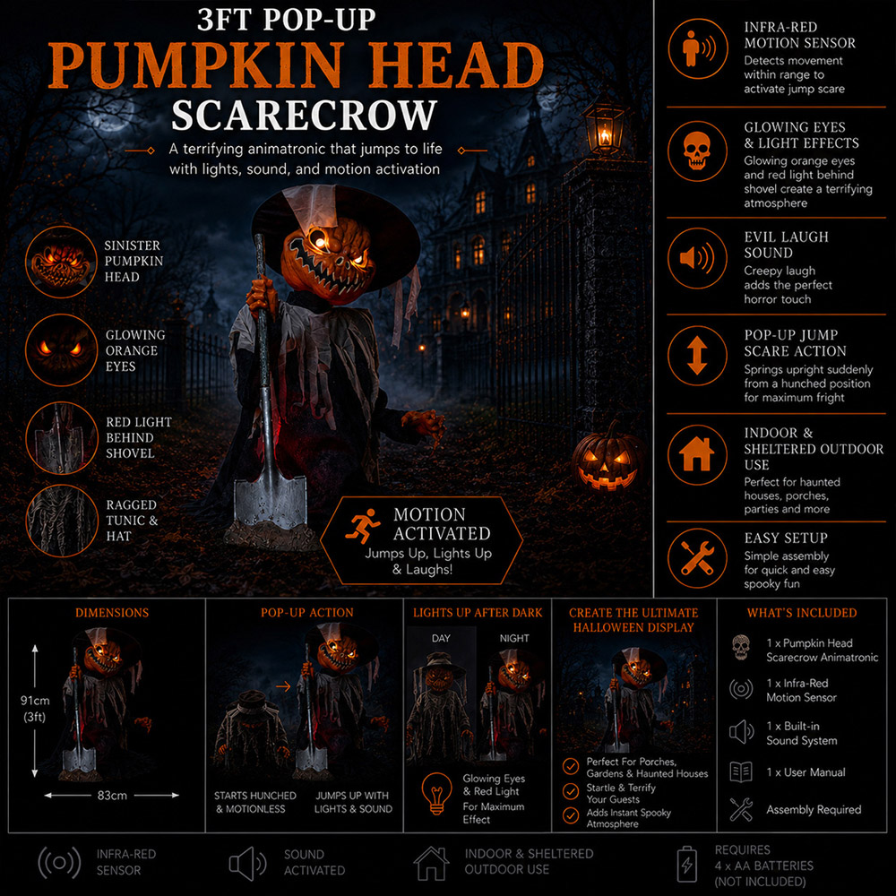 Samuel Alexander Pop-Up Animatronic Pumpkin Head Scarecrow Halloween Decoration 3ft Image 9