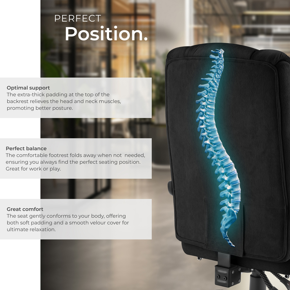 tectake Gillian Black Swivel Velour Seat Office Chair with Folding Footrest Image 5