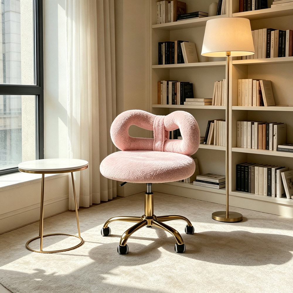 Living and Home Pink Teddy Fleece Bow Back Vanity Chair Image 7