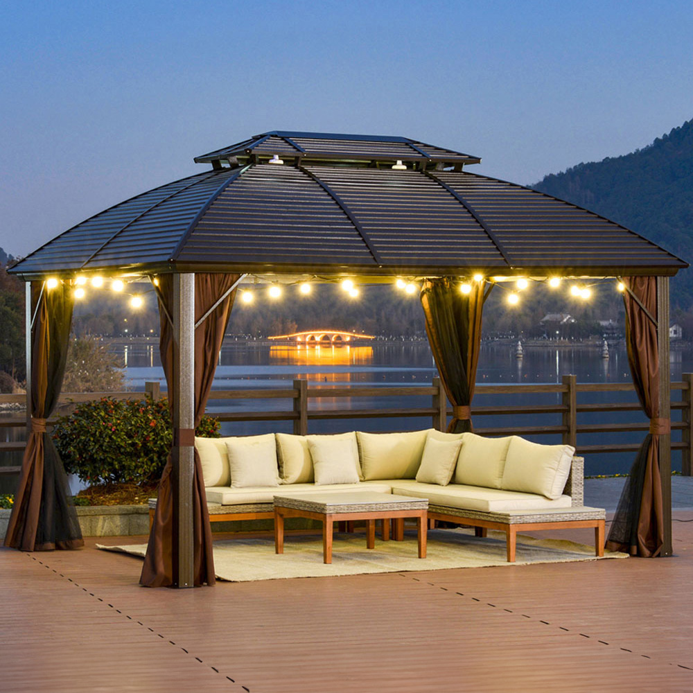 Outsunny 3.65 x 3m 2 Tier Brown Roof Gazebo Image 1