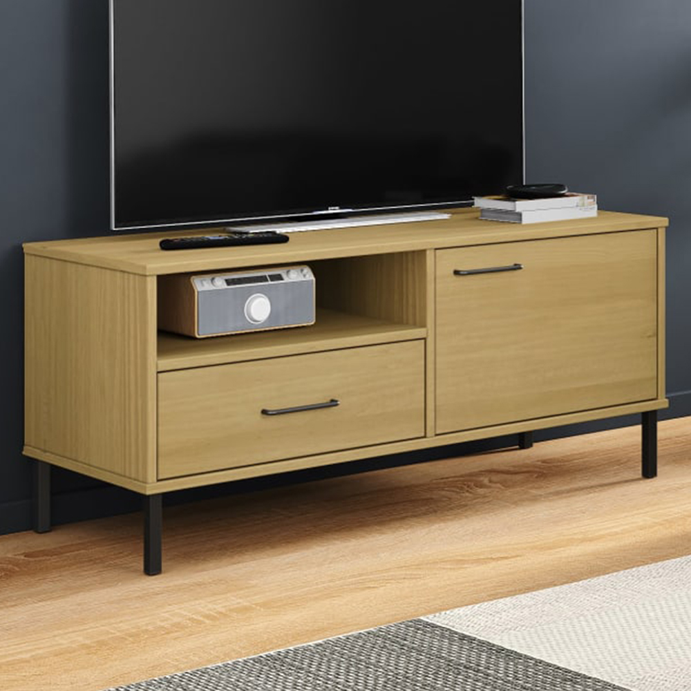 vidaXL Oslo Single Door Single Drawer Single Shelf Brown Solid Pine Wood TV Cabinet Image 1