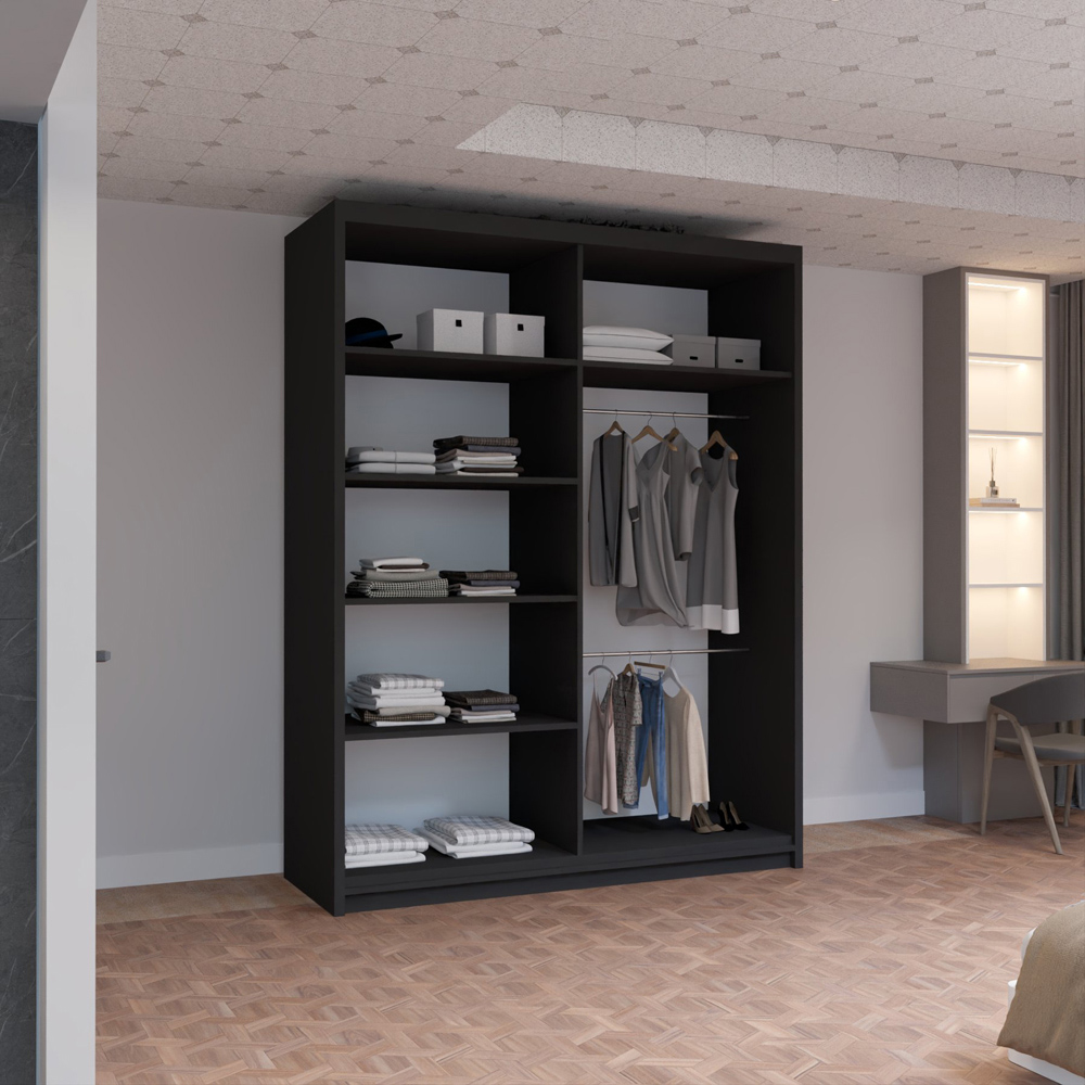 M N Furniture Roman 2 Door Black and Oak Mirrored Sliding Wardrobe 150cm Image 3