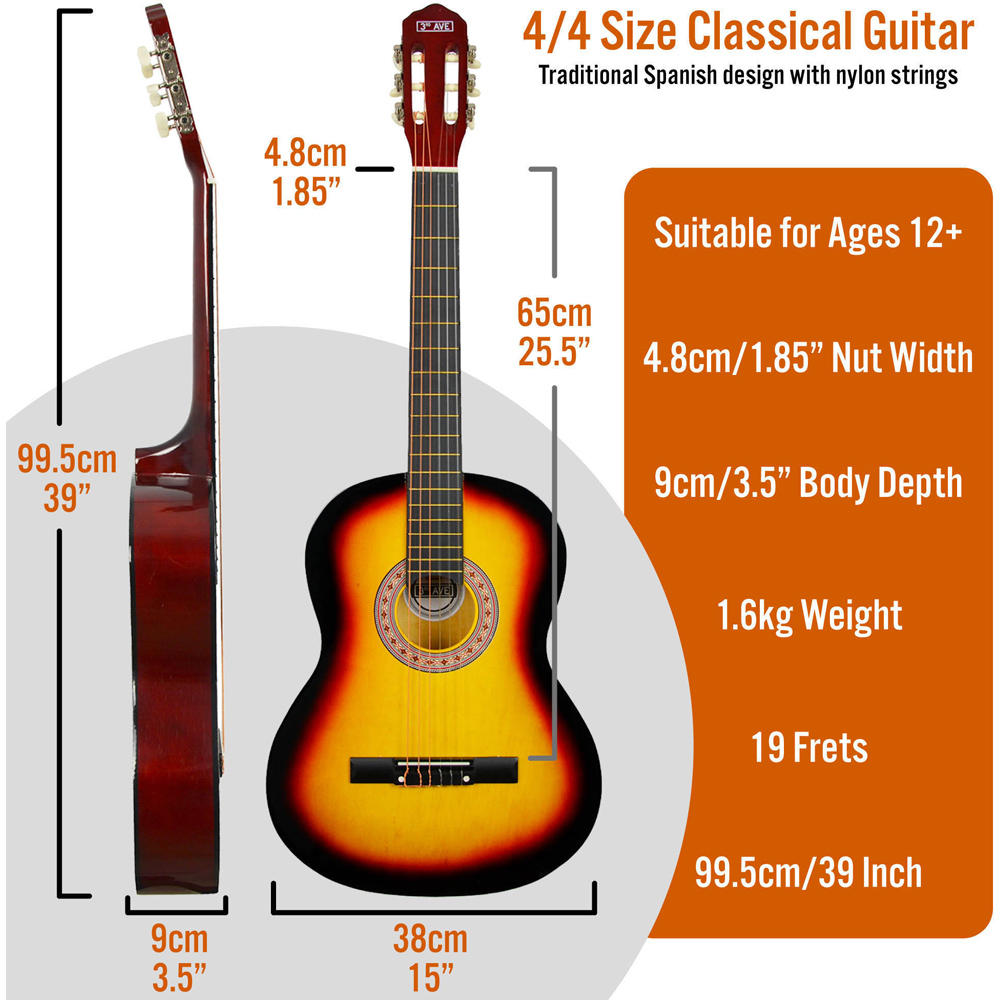 3rd Avenue Sunburst Full Size Classical Guitar Set Image 6