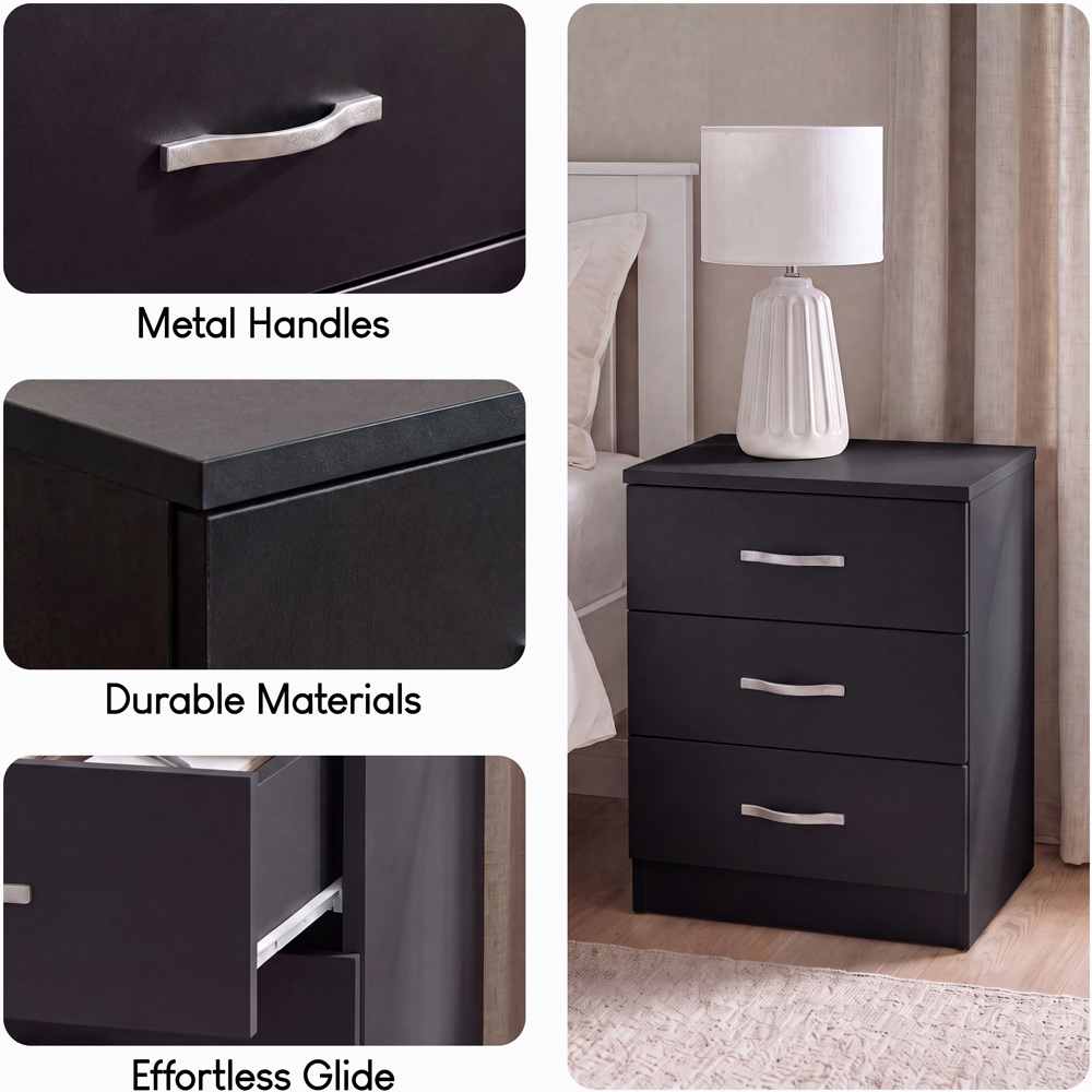 Vida Designs Riano 3 Drawer Black Melamine Finish Bedside Table Set of 2 Image 6