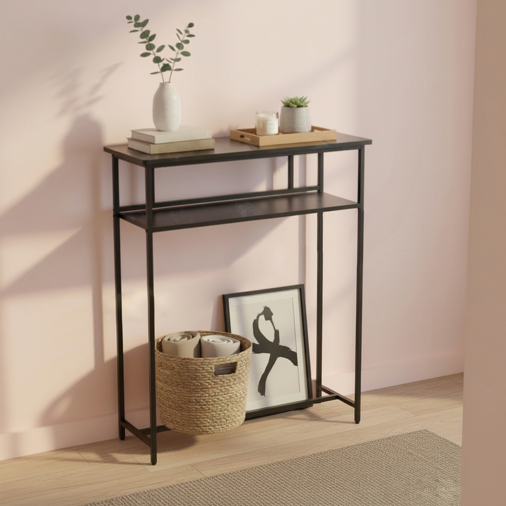 Living and Home 2-Tier Black Faux Marble Top Console Table Image 8