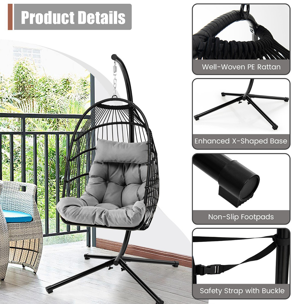 Costway Grey Hanging Swing Egg Chair with Cushion Image 8