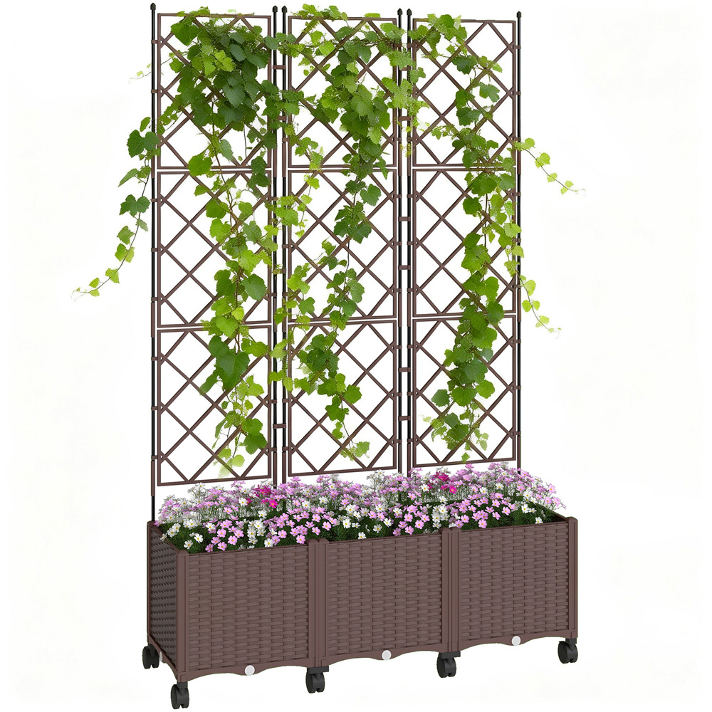 Outsunny Brown Plastic Self Watering Raised Planter with Trellis and Drainage Holes 192 x 40 x 120cm Image