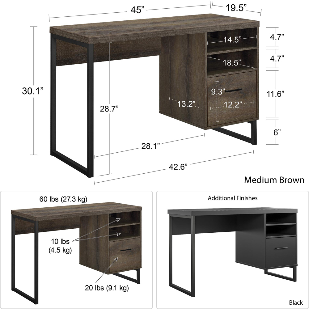 Dorel Camdon Single Drawer 2 Shelf Desk Brown Image 4