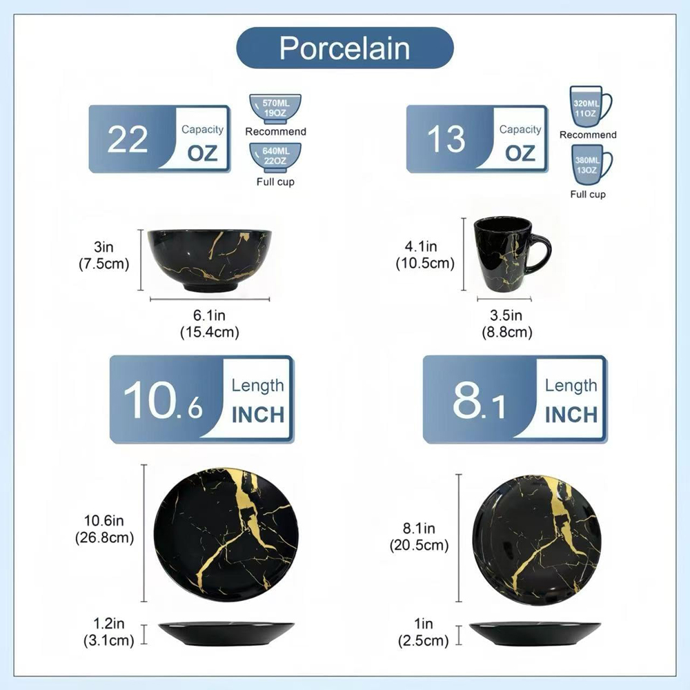 Alivio Black and Gold Marble Scratch Resistant Porcelain 16 Piece Dinner Set Image 5