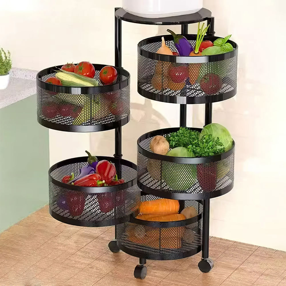 Living and Home 5-Tier Black Kitchen Storage Trolley with Rotating Basket Image 7