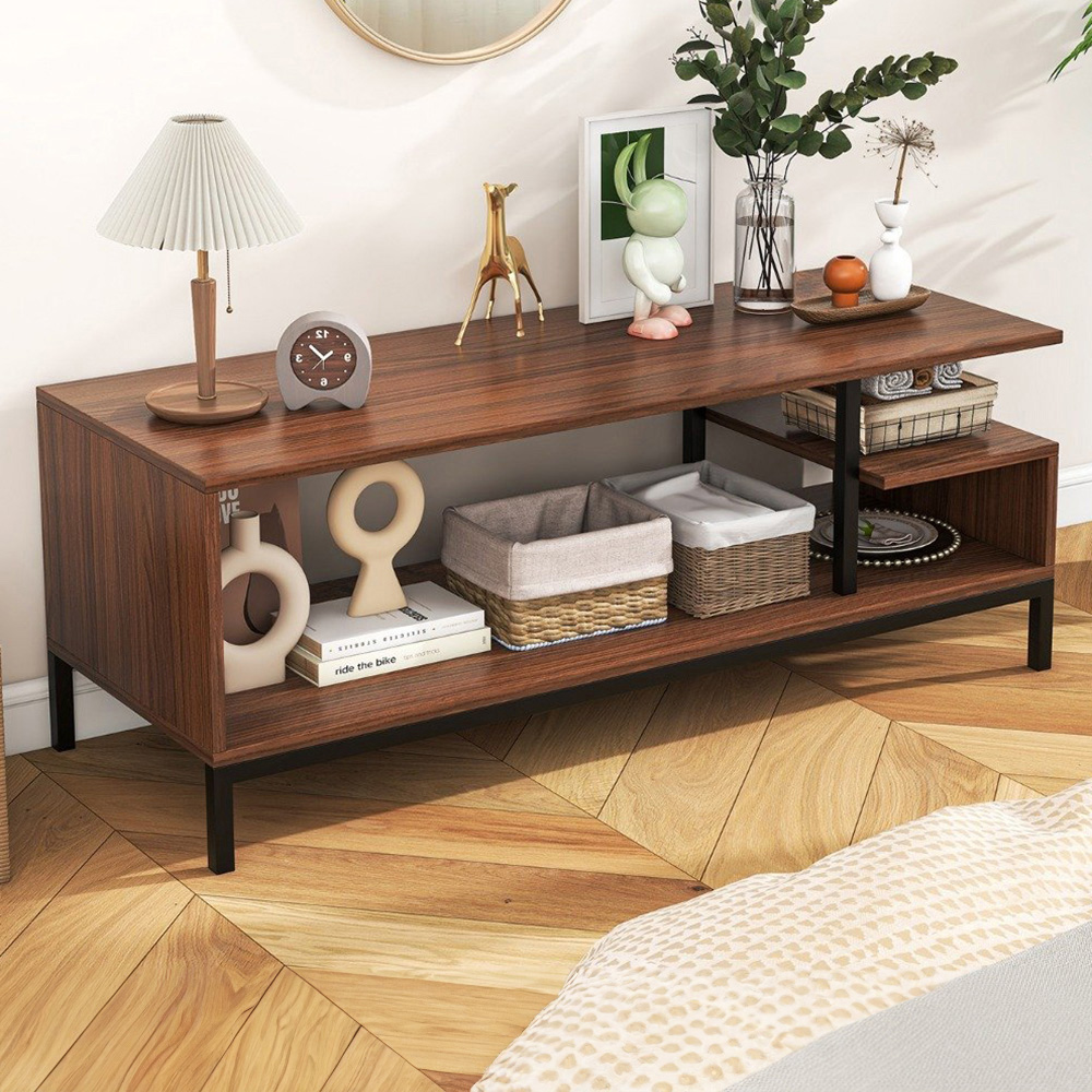Costway 2 Shelves Walnut Industrial TV Unit Image 1