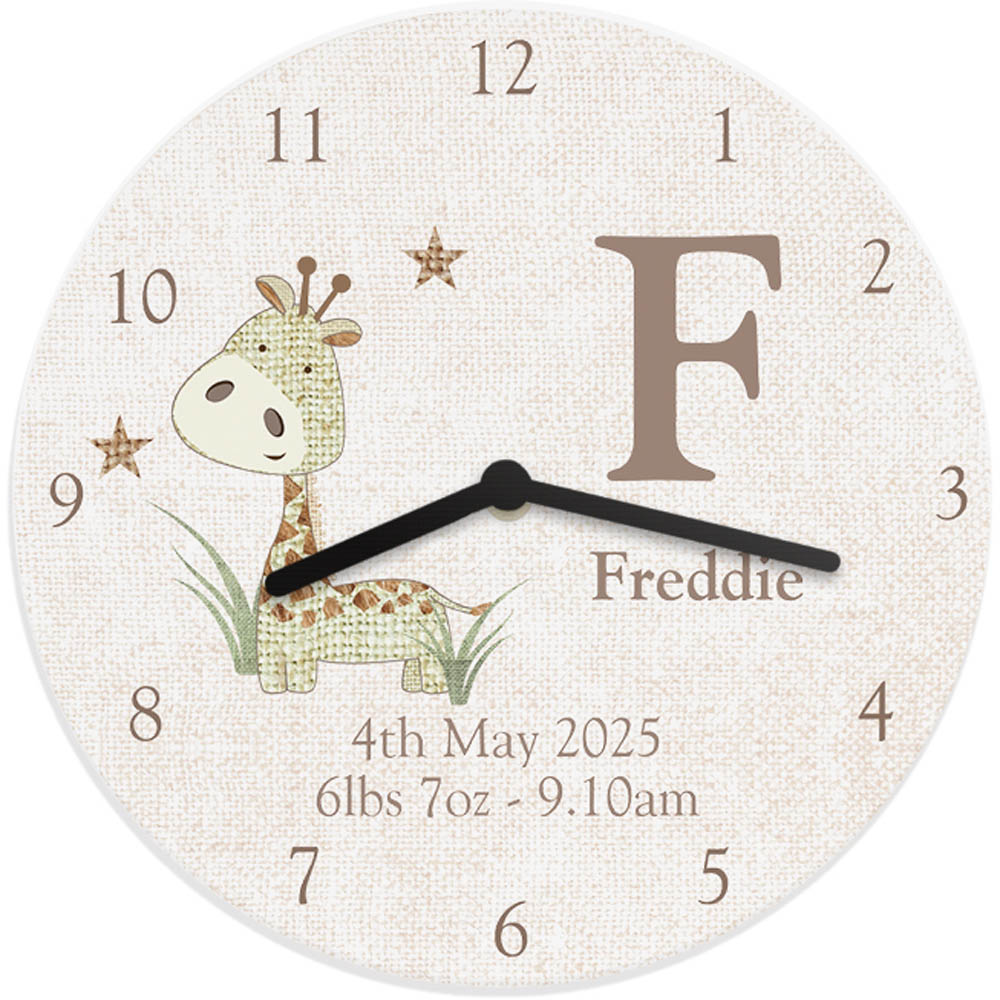 Personalised Memento Hessian Giraffe Shabby Chic Large Wooden Clock Image 1