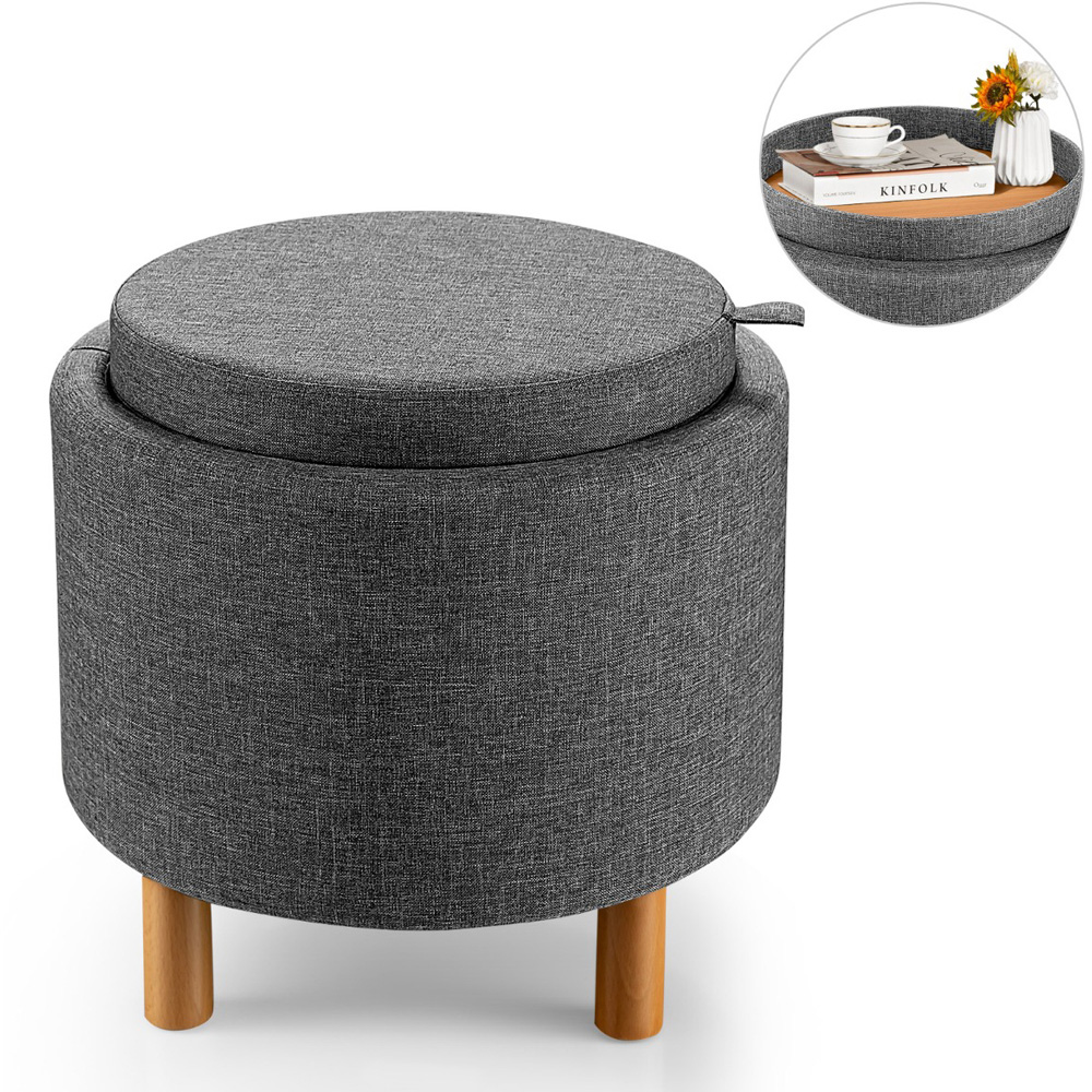 Costway Grey Round Padded Ottoman Stool Image 2