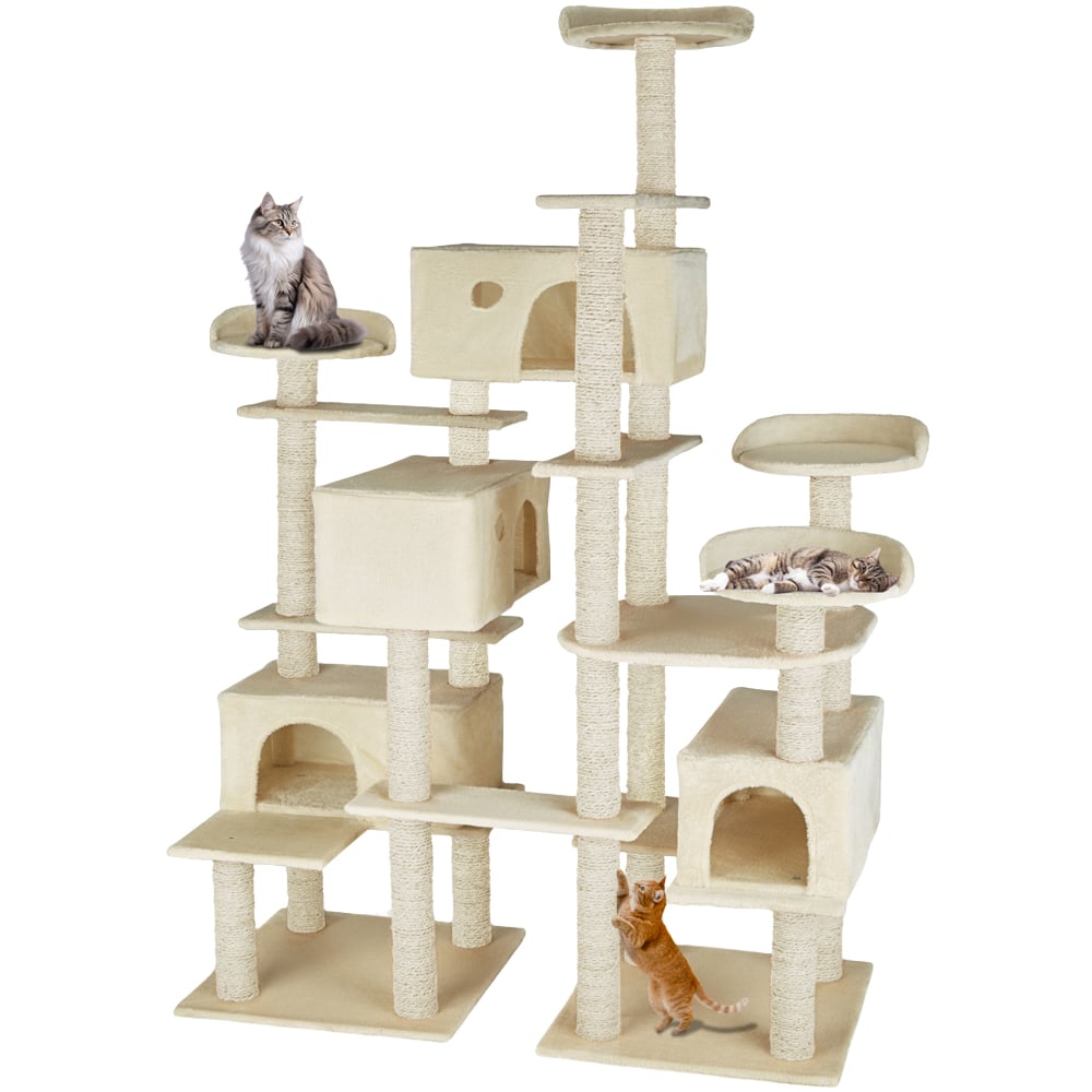 tectake Entissar Beige Cat Tree with Sisal Scratching Post and Anti-Tip Protection 214cm Image 1