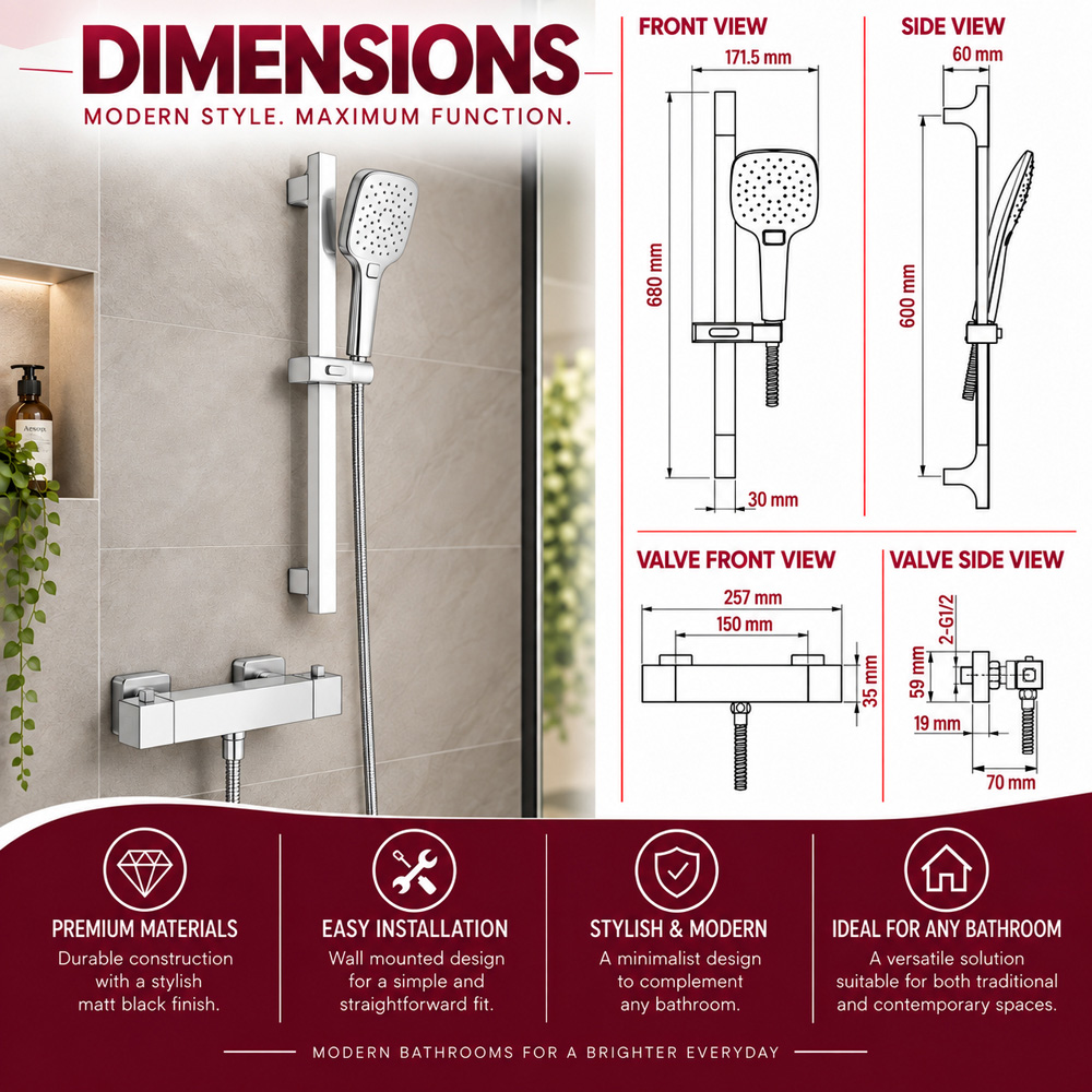 Go Bathrooms AquaFlow Chrome Round Thermostatic Bar Shower Kit Image 5