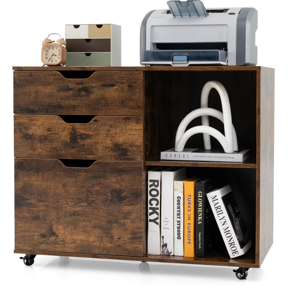 Costway 3 Drawer 2 Shelf Rustic Brown Mobile File Cabinet Image 3