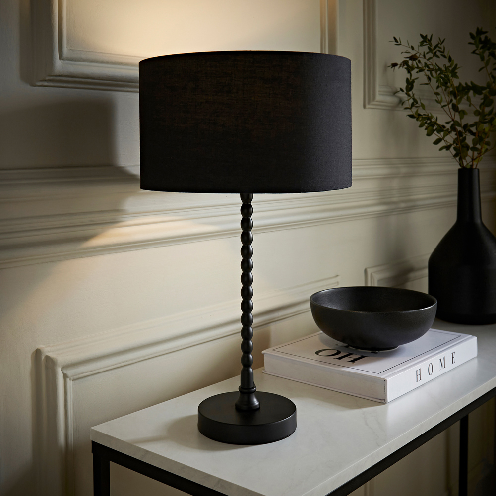 ValueLights Maeve Black Fabric Drum Shade Bobbin Bobble Table Lamp and Bulb Image 2