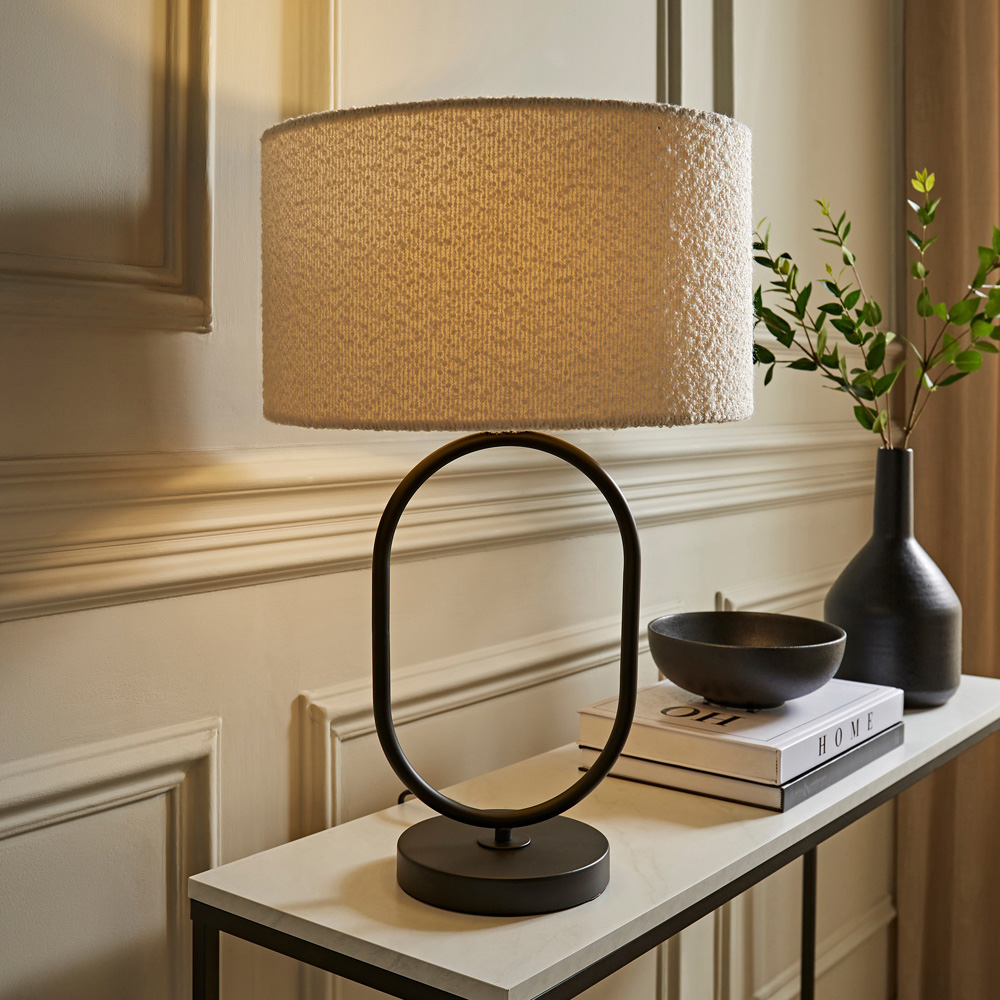 ValueLights Antonia Cream Boucle Drum Shade Matte Black Oval LED Table Lamp Image 2