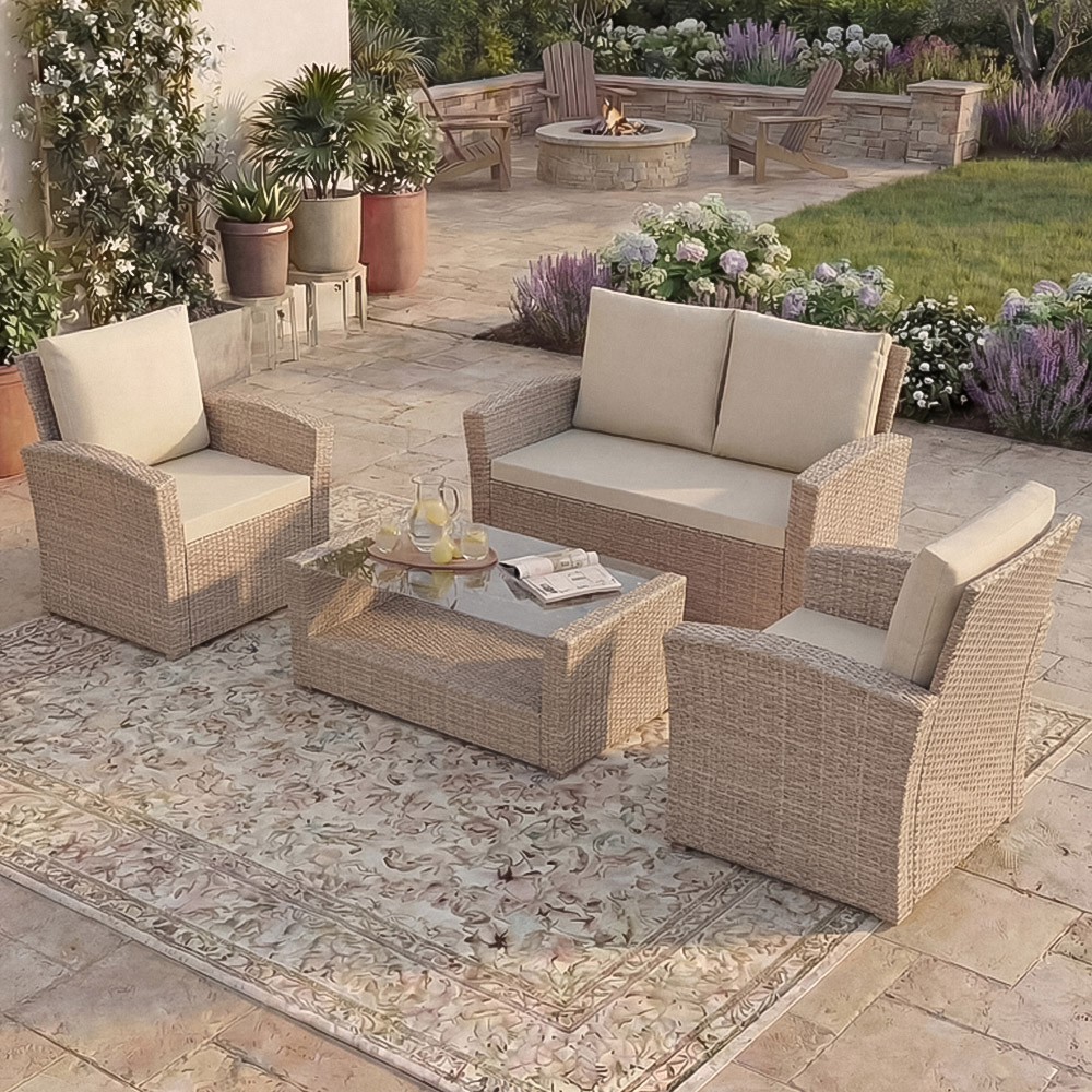 GARDEN VIDA Mylor 4 Seater Natural PE Rattan Garden Lounge Set Image 1