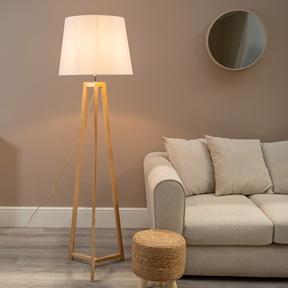 ValueLights Lottie White Fabric Tapered Shade Natural Wood Tripod LED Floor Lamp Image 2