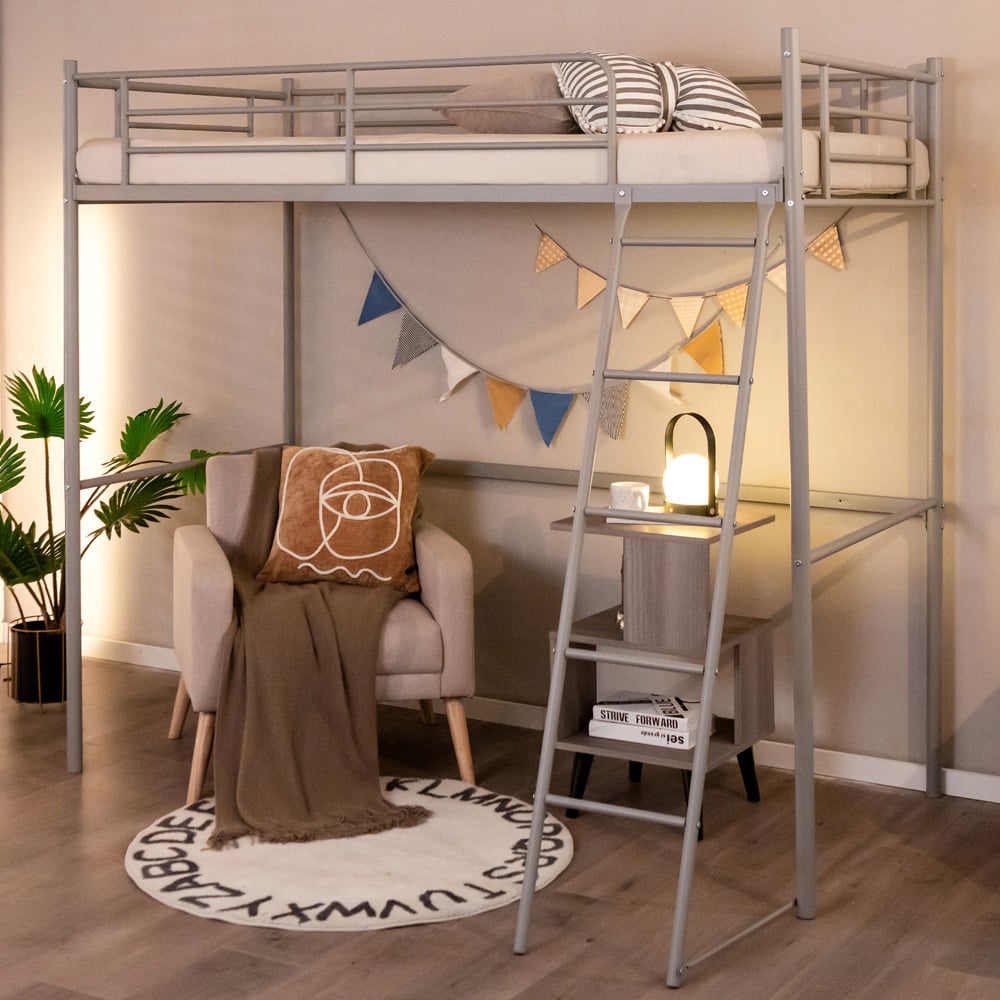 Costway Single Silver Metal High Sleeper with Ladder Image 1