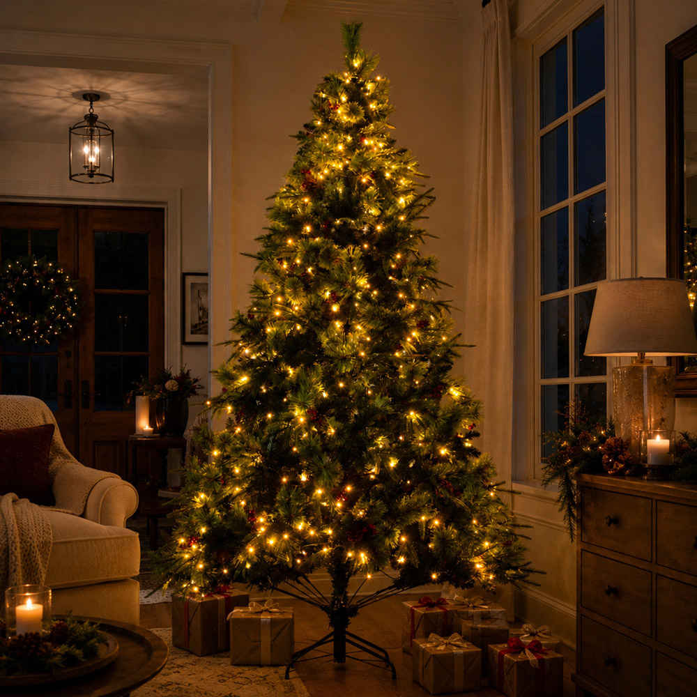 Abrihome 450 Warm White LED Pre-Lit Artificial Christmas Tree with Berries and Pinecones 7.5ft Image 2