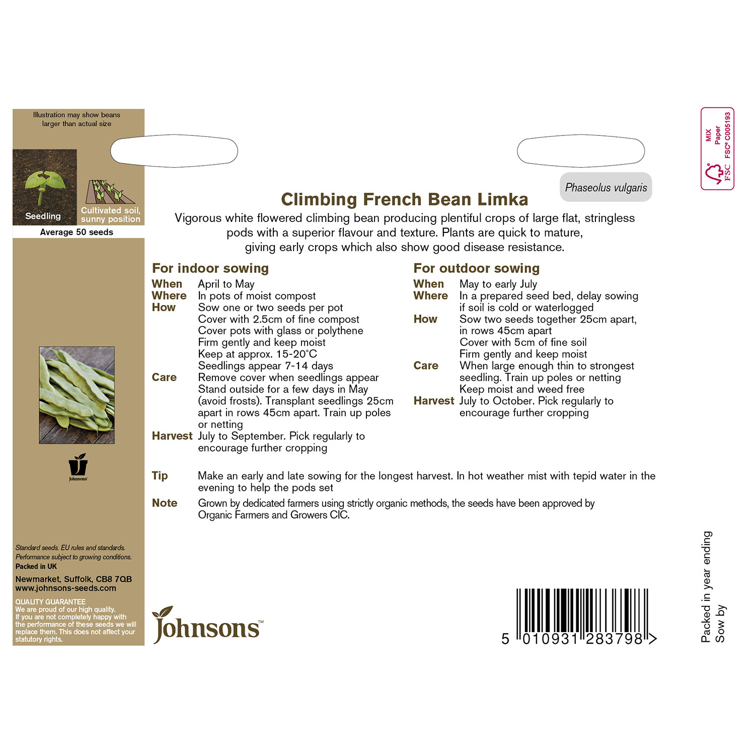 Johnsons Pack of Organic Limka Climbing French Bean Seeds Image 2